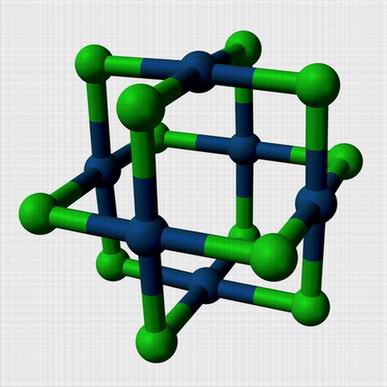 β-ptcl2构成簇化合物pt6cl12模型(绿色为氯原子,蓝色为铂原子)